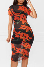 Short Sleeve Print Mesh Dress+Vest+Shorts 3 Piece Set MZ-2641-1