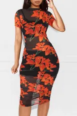 Short Sleeve Print Mesh Dress+Vest+Shorts 3 Piece Set MZ-2641-1