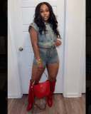 Denim Color Block Lapel Two Piece Shorts Set GSMJ-8002