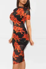 Short Sleeve Print Mesh Dress+Vest+Shorts 3 Piece Set MZ-2641-1