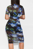 Short Sleeve Print Mesh Dress+Vest+Shorts 3 Piece Set MZ-2641-1