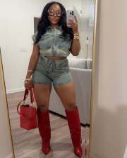 Denim Color Block Lapel Two Piece Shorts Set GSMJ-8002