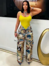 Jacquard Vintage Print Multi-Pocket Pants ZSD-0740