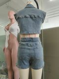 Denim Color Block Lapel Two Piece Shorts Set GSMJ-8002