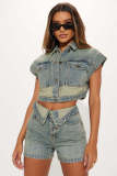 Denim Color Block Lapel Two Piece Shorts Set GSMJ-8002