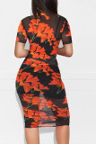 Short Sleeve Print Mesh Dress+Vest+Shorts 3 Piece Set MZ-2641-1