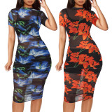 Short Sleeve Print Mesh Dress+Vest+Shorts 3 Piece Set MZ-2641-1