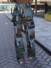 Jacquard Vintage Print Multi-Pocket Pants ZSD-0740