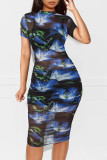 Short Sleeve Print Mesh Dress+Vest+Shorts 3 Piece Set MZ-2641-1