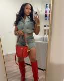 Denim Color Block Lapel Two Piece Shorts Set GSMJ-8002
