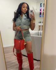 Denim Color Block Lapel Two Piece Shorts Set GSMJ-8002