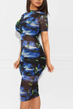 Short Sleeve Print Mesh Dress+Vest+Shorts 3 Piece Set MZ-2641-1