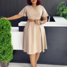 Plus Size V Neck Flare Sleeve Solid Color Midi Dress GMLF-3333