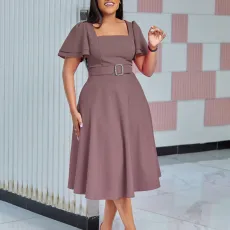 Plus Size Solid Color Flare Sleeve Belt Midi Dress GCZF-8629