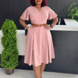 Plus Size V Neck Flare Sleeve Solid Color Midi Dress GMLF-3333