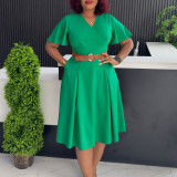 Plus Size V Neck Flare Sleeve Solid Color Midi Dress GMLF-3333