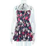 Print Wrap Chest Halterneck Pleated Mini Dress GJYO-302578