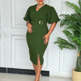 Plus Size V Neck Bubble Sleeve Solid Color Midi Dress GMLF-3331