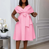 Plus Size V Neck Belt Solid Color Midi Dress GCZF-8626
