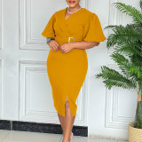 Plus Size V Neck Bubble Sleeve Solid Color Midi Dress GMLF-3331