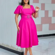 Plus Size Solid Color Flare Sleeve Belt Midi Dress GCZF-8629