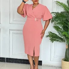 Plus Size V Neck Bubble Sleeve Solid Color Midi Dress GMLF-3331