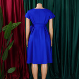 Plus Size V Neck Belt Solid Color Midi Dress GCZF-8626
