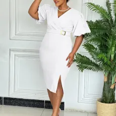 Plus Size V Neck Bubble Sleeve Solid Color Midi Dress GMLF-3331