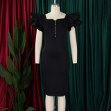 Plus Size Beaded Ruffle Sleeve Gown Midi Dress GATE-D575