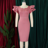 Plus Size Beaded Ruffle Sleeve Gown Midi Dress GATE-D575