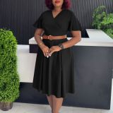 Plus Size V Neck Flare Sleeve Solid Color Midi Dress GMLF-3333