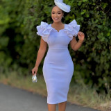 Plus Size Beaded Ruffle Sleeve Gown Midi Dress GATE-D575