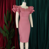Plus Size Beaded Ruffle Sleeve Gown Midi Dress GATE-D575