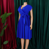 Plus Size V Neck Belt Solid Color Midi Dress GCZF-8626