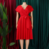 Plus Size V Neck Belt Solid Color Midi Dress GCZF-8626