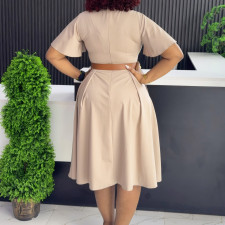 Plus Size V Neck Flare Sleeve Solid Color Midi Dress GMLF-3333