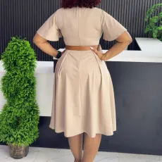 Plus Size V Neck Flare Sleeve Solid Color Midi Dress GMLF-3333
