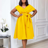 Plus Size V Neck Belt Solid Color Midi Dress GCZF-8626