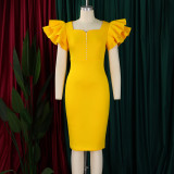 Plus Size Beaded Ruffle Sleeve Gown Midi Dress GATE-D575