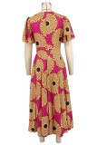 Double Ruffle Short Sleeve Printed Maxi Dress XHXF-457
