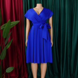 Plus Size V Neck Belt Solid Color Midi Dress GCZF-8626