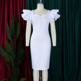 Plus Size Beaded Ruffle Sleeve Gown Midi Dress GATE-D575