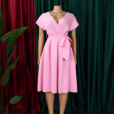 Plus Size V Neck Belt Solid Color Midi Dress GCZF-8626