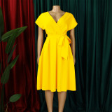 Plus Size V Neck Belt Solid Color Midi Dress GCZF-8626