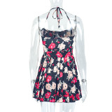 Print Wrap Chest Halterneck Pleated Mini Dress GJYO-302578