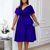 Plus Size V Neck Belt Solid Color Midi Dress GCZF-8626