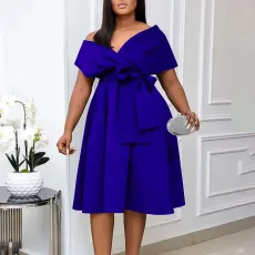Plus Size V Neck Belt Solid Color Midi Dress GCZF-8626