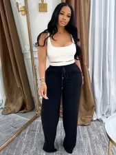 Solid Color Drawstring Wile Leg Pants CH-25021