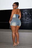 Sleeveless Zipper Denim Two Piece Short Set YMEF-53095