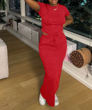 Fashion Hot Drilling Short Sleeve Long Skirt Two Piece Set HMS-5585